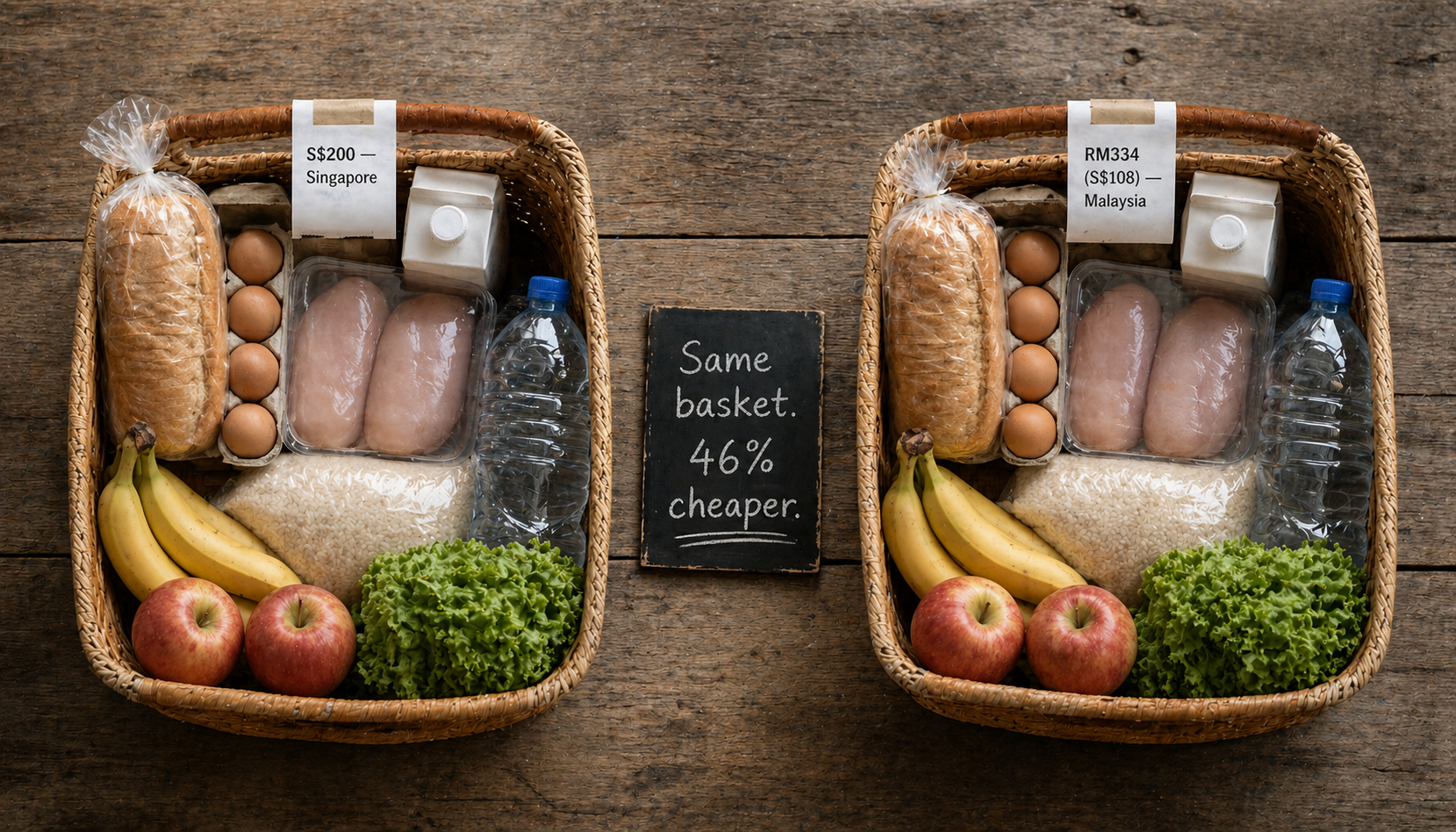 Same grocery basket: S$200 in Singapore versus RM334 (S$108) in Malaysia — 46% cheaper for identical items