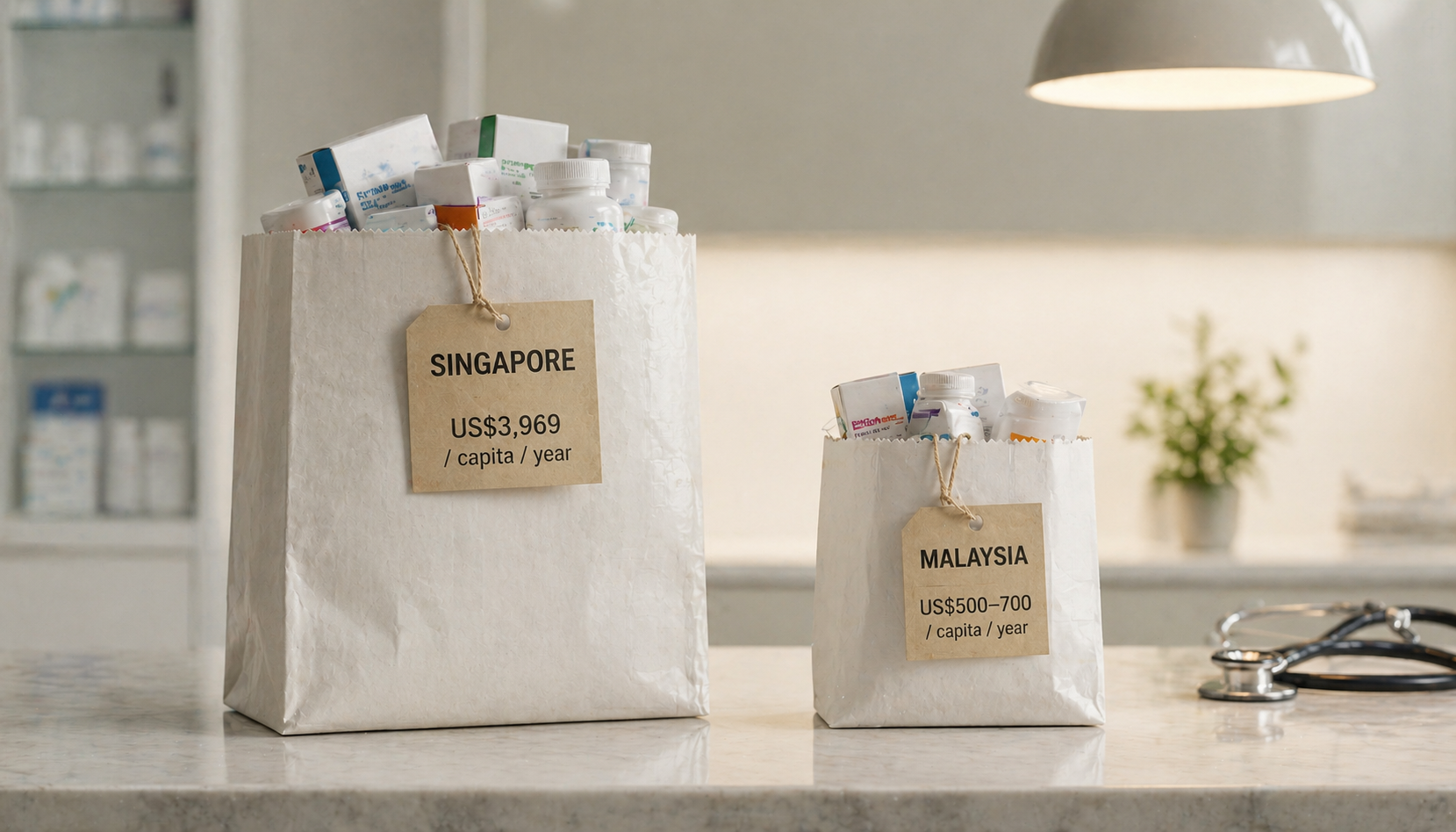 Healthcare spending comparison: Singapore US$3,969 per capita per year versus Malaysia US$500–700