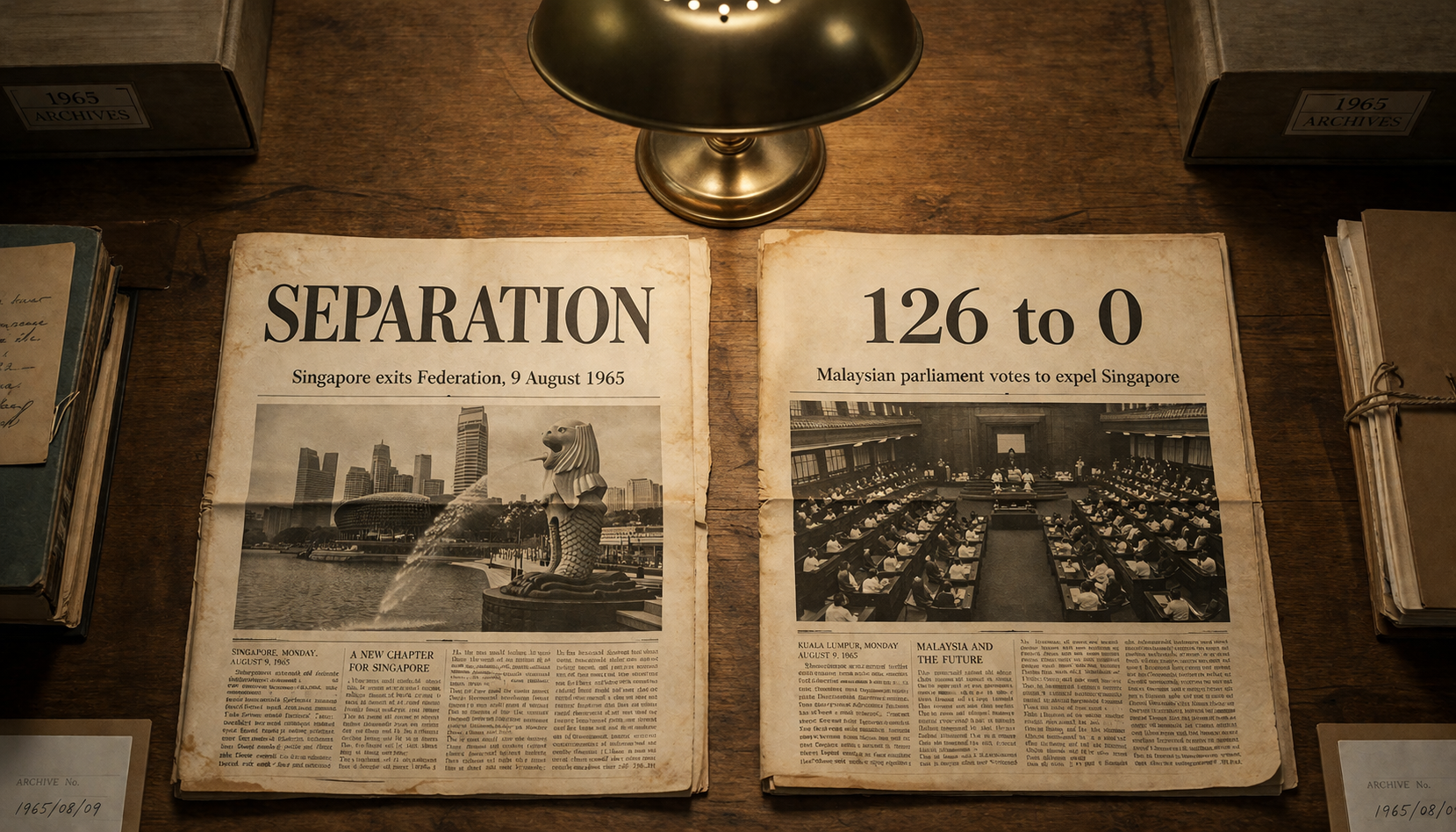 Old newspaper front pages: 'SEPARATION — Singapore exits Federation, 9 August 1965' and '126 to 0 — Malaysian parliament votes to expel Singapore'