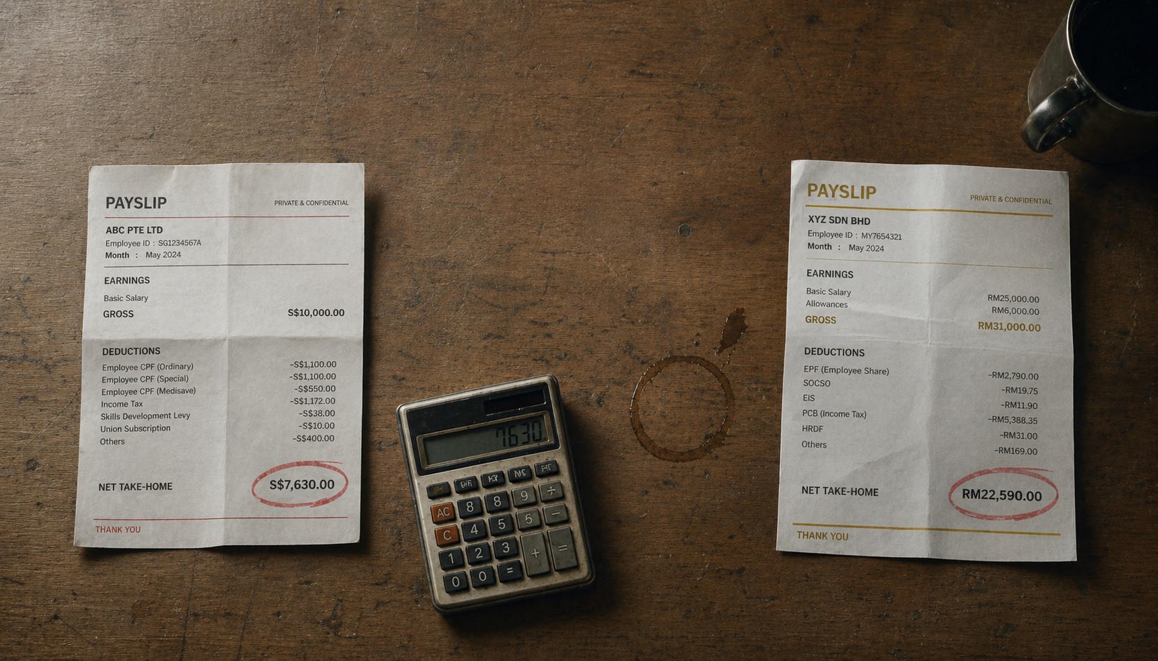 Two payslips side by side: Singapore net take-home S$7,630 versus Malaysia net take-home RM22,590 on equivalent gross salaries