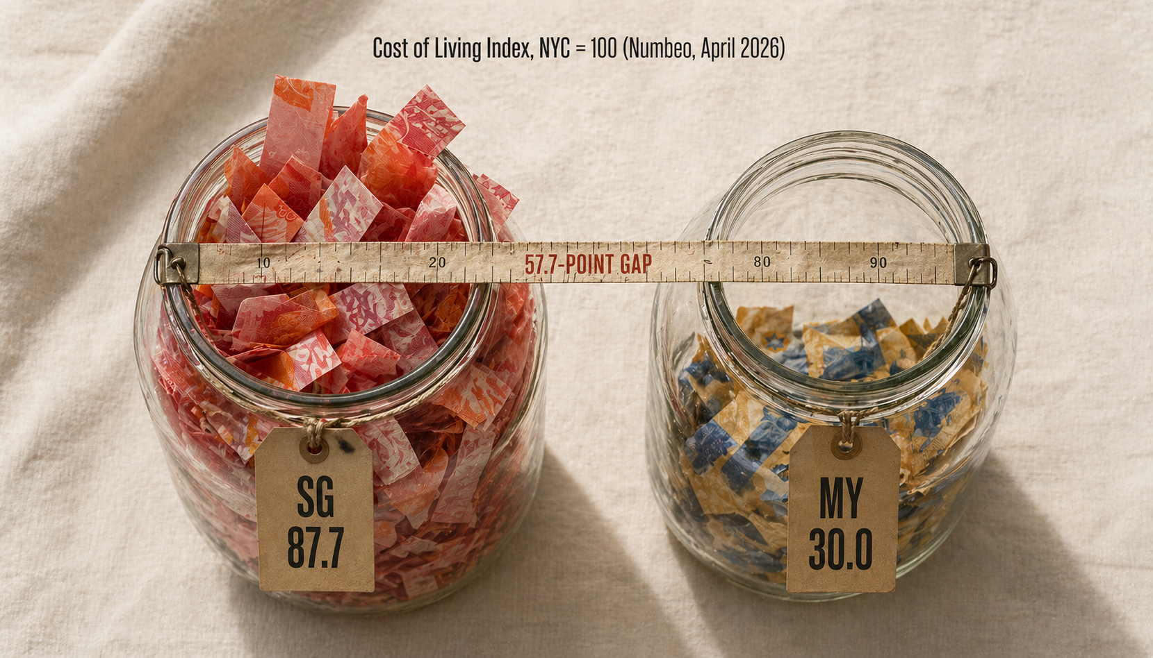 Cost of Living Index comparison: Singapore 87.7 vs Malaysia 30.0 (Numbeo, April 2026, where New York = 100)