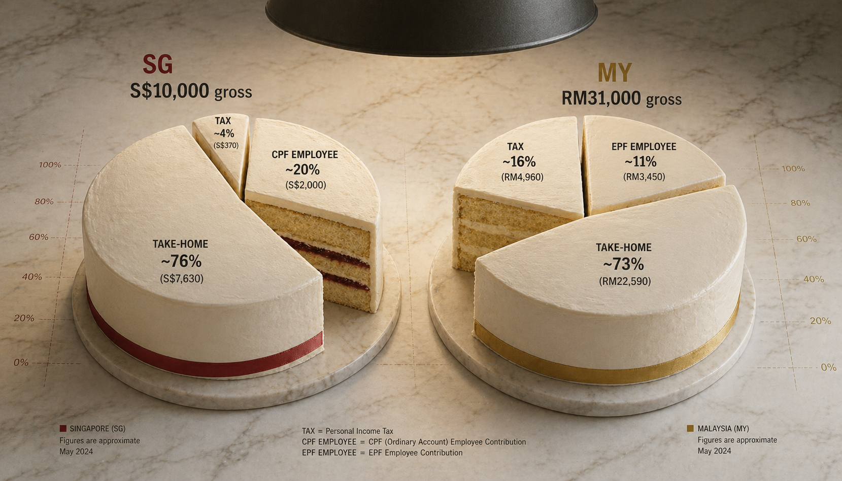 Take-home pay breakdown as pie charts: Singapore 76% take-home vs Malaysia 73% on equivalent gross salaries, with CPF and EPF slices shown